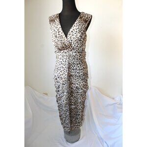 VTG Tadashi Leopard Print Knee Length Dress Ruched 12 Silk Sleeveless Y2K Preppy